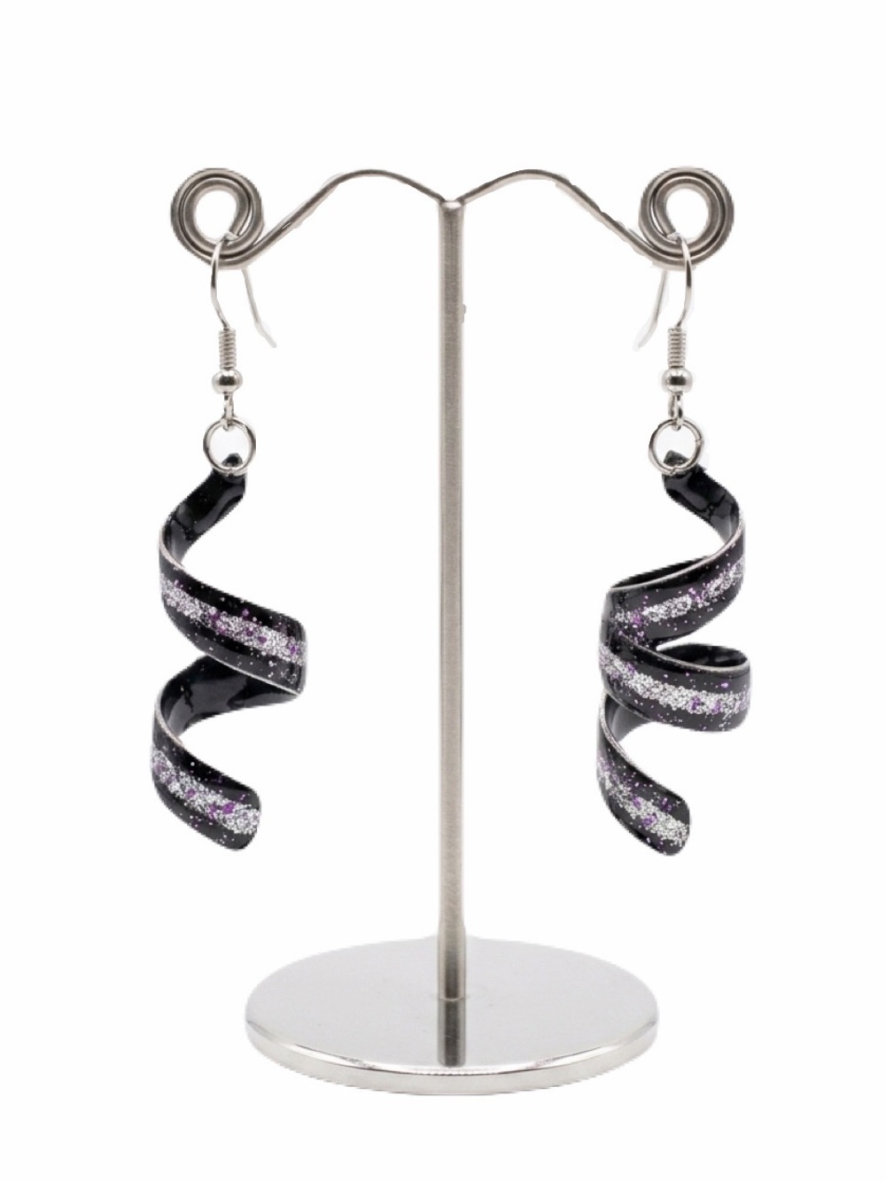 New Womans Black Silver Sparkling Glitter Twisted Ribbon 360Β° Spinner Earrings